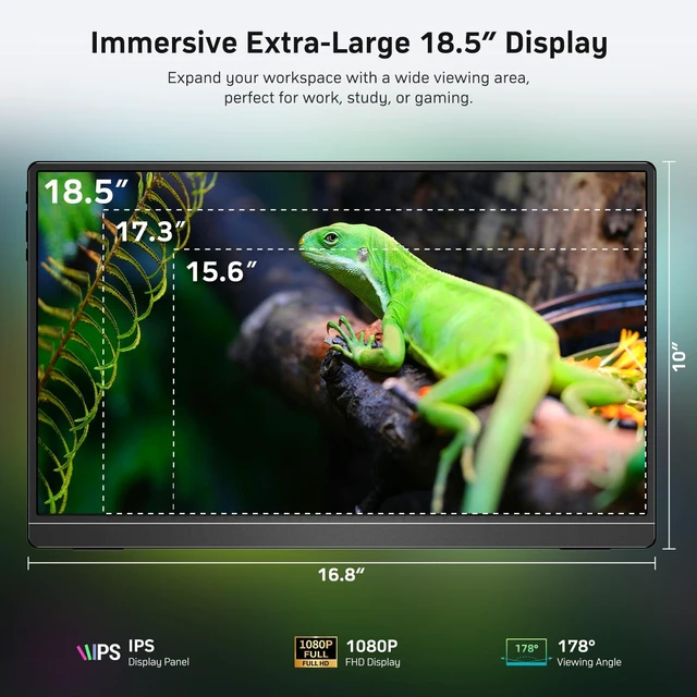 Alt view image 2 of 7 - 18.5" 100Hz FHD IPS USB-C HDMI Portable Monitor 18.5" FHD IPS 100Hz, built-in stand & dual speakers, USB-C/HDMI, for PC/Phone/PS5/Xbox/Switch, travel gaming