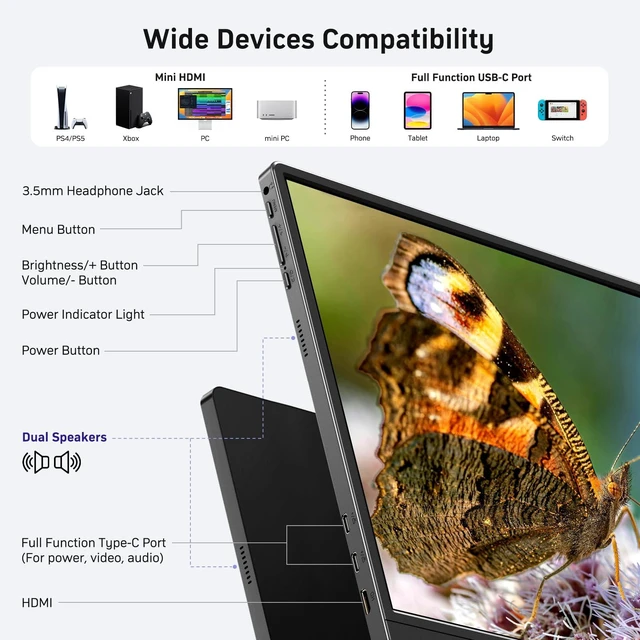 Alt view image 7 of 7 - 18.5" 100Hz FHD IPS USB-C HDMI Portable Monitor 18.5" FHD IPS 100Hz, built-in stand & dual speakers, USB-C/HDMI, for PC/Phone/PS5/Xbox/Switch, travel gaming
