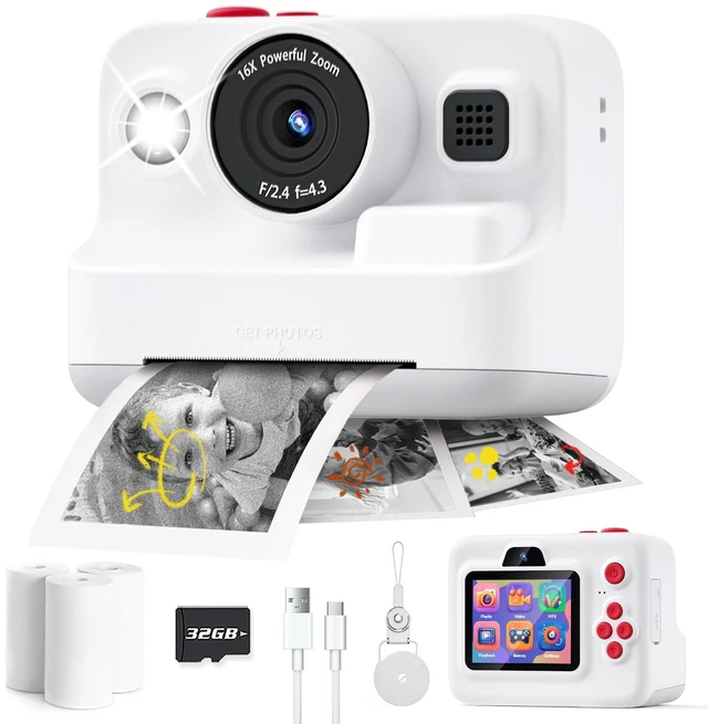 Main image of Instant Print Camera for Kids,2.4 Inch Screen Kids Instant Cameras, Christmas Birthday Gifts for Girls Age 3-12, Portable Toddler Toy for 3 4 5 6 7 8 9 10 Year Old Girls Boys White