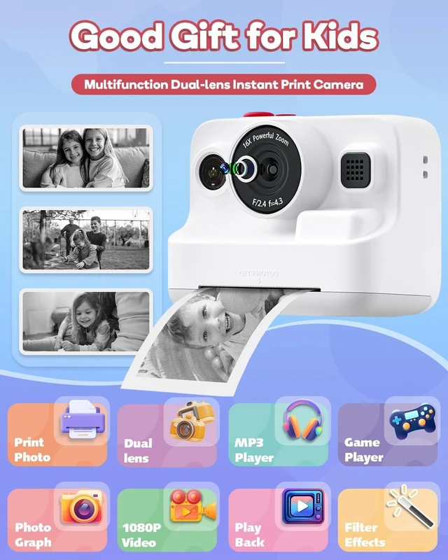 Alt view image 2 of 7 - Instant Print Camera for Kids,2.4 Inch Screen Kids Instant Cameras, Christmas Birthday Gifts for Girls Age 3-12, Portable Toddler Toy for 3 4 5 6 7 8 9 10 Year Old Girls Boys White