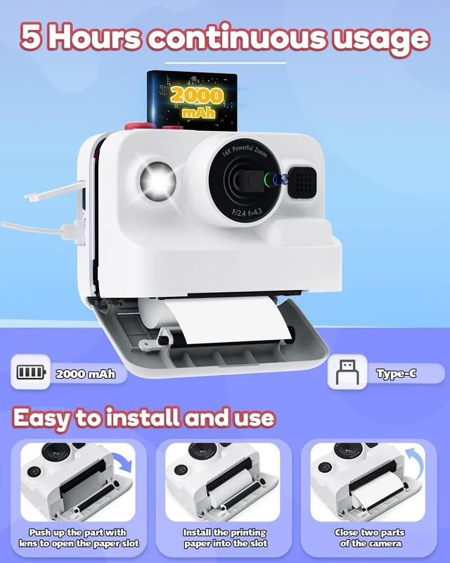 Alt view image 7 of 7 - Instant Print Camera for Kids,2.4 Inch Screen Kids Instant Cameras, Christmas Birthday Gifts for Girls Age 3-12, Portable Toddler Toy for 3 4 5 6 7 8 9 10 Year Old Girls Boys White