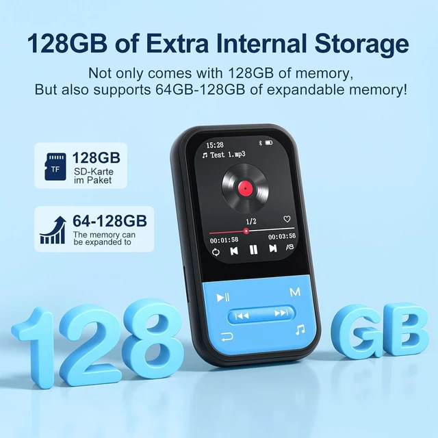Alt view image 6 of 7 - 128GB MP3 Player, Bluetooth 5.3 Music Player with Clip, HiFi Sound Digital Music, Built-in HD Speaker, FM Radio, Voice Recorder, Earphones Included, MP3 Player for Kids