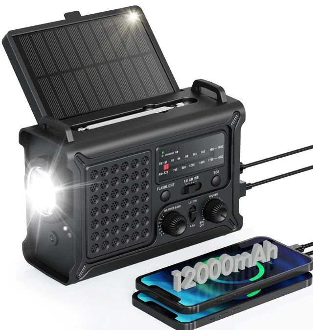 Main image of Emergency Weather Radio with Large Solar Panel, Real 12000mAh Battery Efficient Hand Crank, AM/FM/NOAA Bands, LED Flashlight, Reading Lamp, SOS Alarm & Phone Charger for Outdoor & Emergency