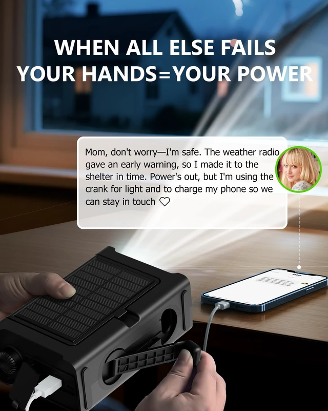 Alt view image 3 of 7 - Emergency Weather Radio with Large Solar Panel, Real 12000mAh Battery Efficient Hand Crank, AM/FM/NOAA Bands, LED Flashlight, Reading Lamp, SOS Alarm & Phone Charger for Outdoor & Emergency