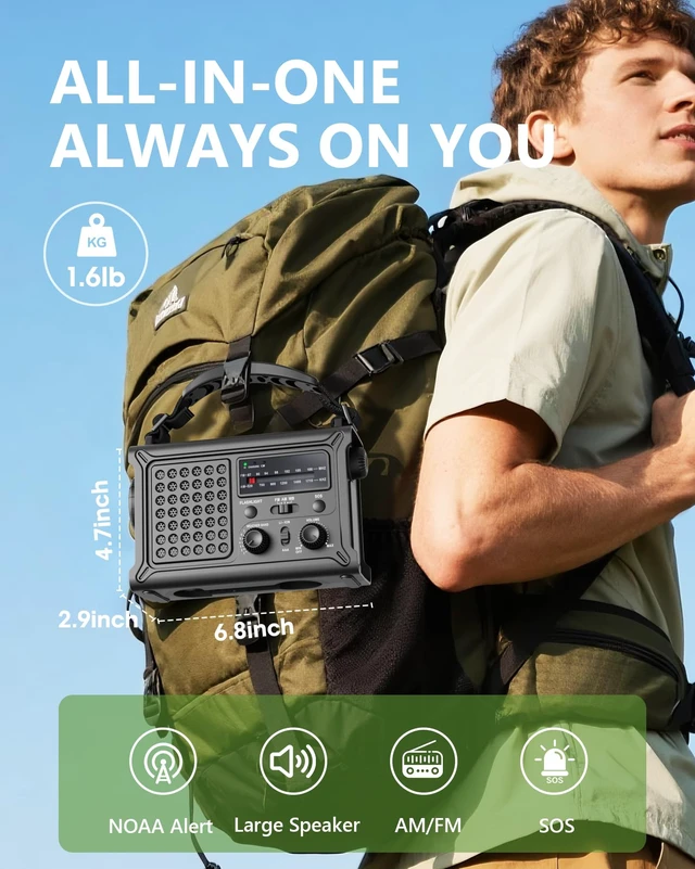 Alt view image 6 of 7 - Emergency Weather Radio with Large Solar Panel, Real 12000mAh Battery Efficient Hand Crank, AM/FM/NOAA Bands, LED Flashlight, Reading Lamp, SOS Alarm & Phone Charger for Outdoor & Emergency