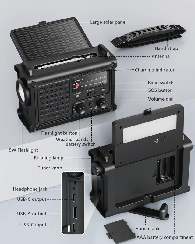 Alt view image 7 of 7 - Emergency Weather Radio with Large Solar Panel, Real 12000mAh Battery Efficient Hand Crank, AM/FM/NOAA Bands, LED Flashlight, Reading Lamp, SOS Alarm & Phone Charger for Outdoor & Emergency