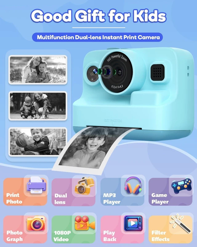 Alt view image 2 of 7 - Kids Camera Instant Print,1080P Kids Instant Cameras that Print Photos,Christmas Birthday Gifts for Girls Age 3-12,Portable Toy for 3 4 5 6 7 8 9 10 Year Old Girls Boys-Blue