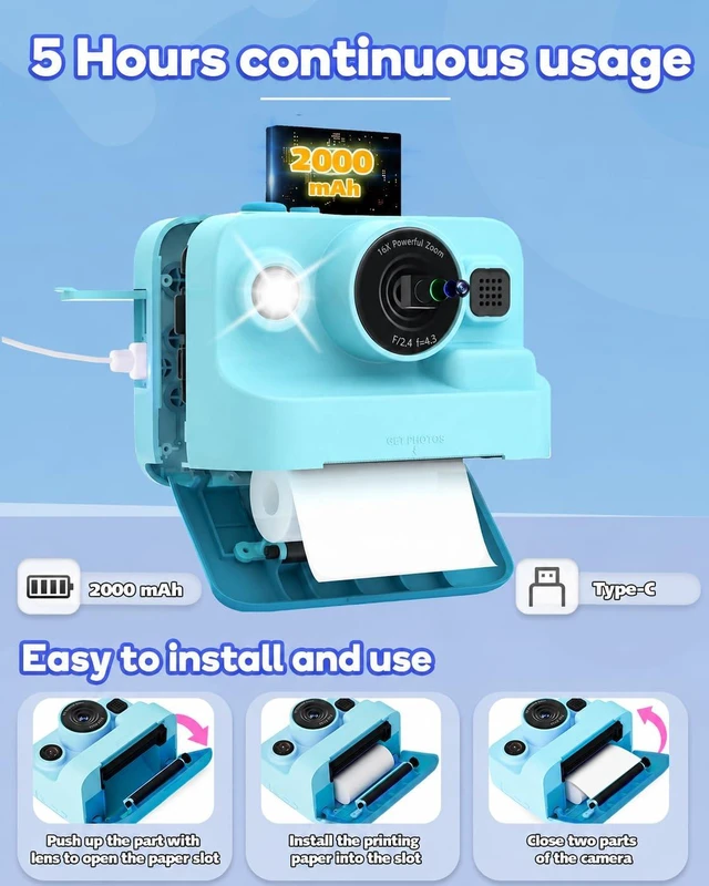 Alt view image 7 of 7 - Kids Camera Instant Print,1080P Kids Instant Cameras that Print Photos,Christmas Birthday Gifts for Girls Age 3-12,Portable Toy for 3 4 5 6 7 8 9 10 Year Old Girls Boys-Blue