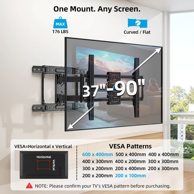 Alt view image 2 of 7 - Full-Motion TV Wall Mount for 37-90 Inch TVs, Fits 24" Studs Max VESA 600x400mm up to 176 lbs Fits 8-24" Studs, Heavy Duty Articulating Swivel Tilt Wall Bracket for Flat Screen, HV6603
