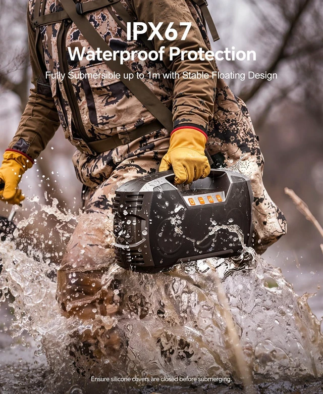 Alt view image 3 of 7 - Outdoor Bluetooth Speaker, IPX7 Waterproof, 90W Peak, 32H, Dark Brown Floating design, deep bass, TWS stereo, portable handle, rugged build for pool days, beach trips, kayaking, and hiking