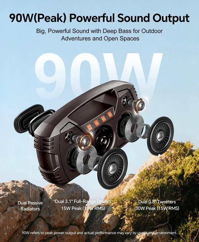 Alt view image 2 of 7 - Outdoor Bluetooth Speaker, IPX7 Waterproof, 90W Peak, 32H, Dark Brown Floating design, deep bass, TWS stereo, portable handle, rugged build for pool days, beach trips, kayaking, and hiking
