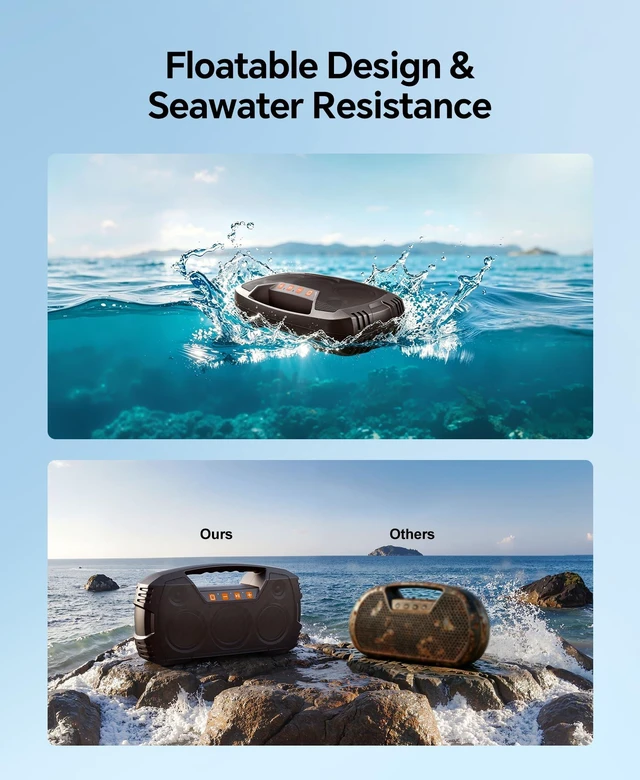 Alt view image 5 of 7 - Outdoor Bluetooth Speaker, IPX7 Waterproof, 90W Peak, 32H, Dark Brown Floating design, deep bass, TWS stereo, portable handle, rugged build for pool days, beach trips, kayaking, and hiking