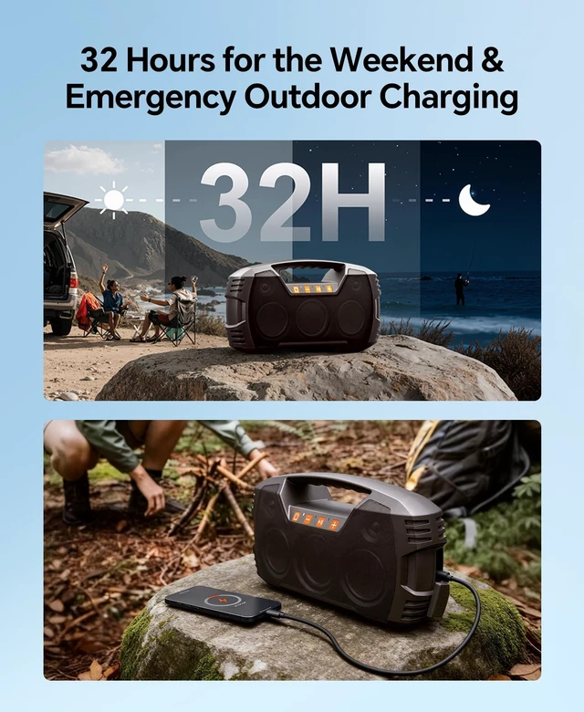 Alt view image 4 of 7 - Outdoor Bluetooth Speaker, IPX7 Waterproof, 90W Peak, 32H, Dark Brown Floating design, deep bass, TWS stereo, portable handle, rugged build for pool days, beach trips, kayaking, and hiking