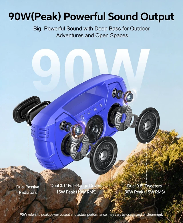 Alt view image 2 of 7 - Outdoor Bluetooth Speaker, IPX7 Waterproof, 90W Peak, 32H, Blue Floating design, deep bass, TWS stereo, portable handle, rugged build for pool days, beach trips, kayaking, and hiking