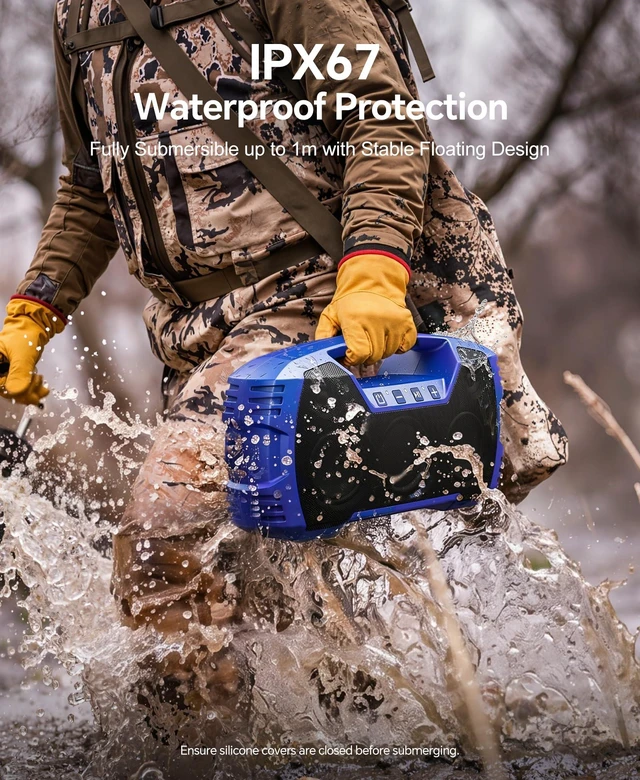 Alt view image 3 of 7 - Outdoor Bluetooth Speaker, IPX7 Waterproof, 90W Peak, 32H, Blue Floating design, deep bass, TWS stereo, portable handle, rugged build for pool days, beach trips, kayaking, and hiking