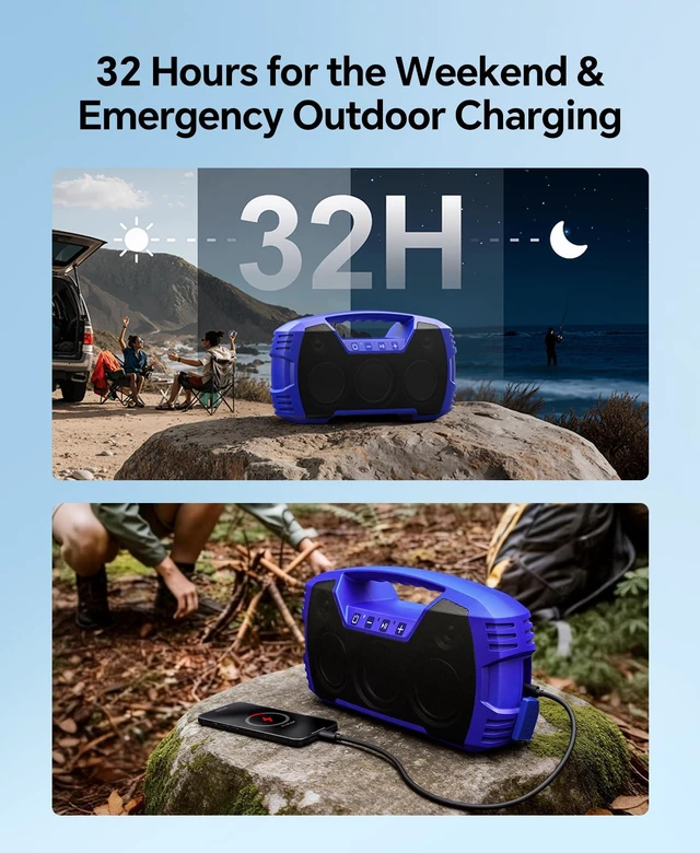 Alt view image 4 of 7 - Outdoor Bluetooth Speaker, IPX7 Waterproof, 90W Peak, 32H, Blue Floating design, deep bass, TWS stereo, portable handle, rugged build for pool days, beach trips, kayaking, and hiking