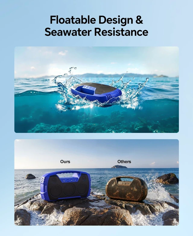 Alt view image 5 of 7 - Outdoor Bluetooth Speaker, IPX7 Waterproof, 90W Peak, 32H, Blue Floating design, deep bass, TWS stereo, portable handle, rugged build for pool days, beach trips, kayaking, and hiking
