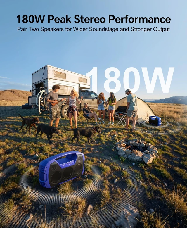 Alt view image 7 of 7 - Outdoor Bluetooth Speaker, IPX7 Waterproof, 90W Peak, 32H, Blue Floating design, deep bass, TWS stereo, portable handle, rugged build for pool days, beach trips, kayaking, and hiking