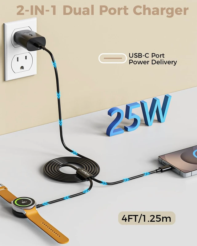 Alt view image 3 of 7 - 2 in 1 for Samsung Watch and Phone Charger and 25W USB C Fast Charger Compatible with Galaxy Watch 8/8 Classic/Ultra/7/6/6 Classic/5 Pro/5/4/4 classic/3/Active2/FE & Galaxy S26 & iPhone