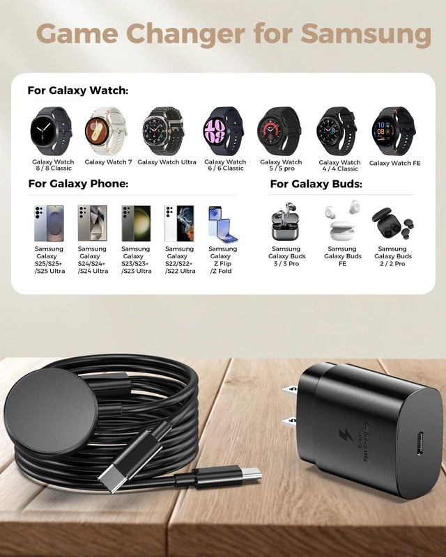 Alt view image 4 of 7 - 2 in 1 for Samsung Watch and Phone Charger and 25W USB C Fast Charger Compatible with Galaxy Watch 8/8 Classic/Ultra/7/6/6 Classic/5 Pro/5/4/4 classic/3/Active2/FE & Galaxy S26 & iPhone