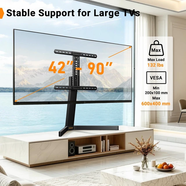 Alt view image 3 of 7 - Swivel TV Stand with Power Outlet for 4290" TVs up to 132 lbs Stable Triangular Base, Heavy-Duty Steel, 10 Height Settings, ±30° Swivel, Cable Management, Safety Strap, Max VESA 600x400mm