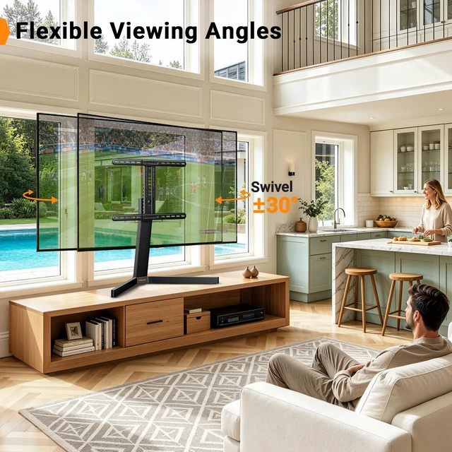 Alt view image 5 of 7 - Swivel TV Stand with Power Outlet for 4290" TVs up to 132 lbs Stable Triangular Base, Heavy-Duty Steel, 10 Height Settings, ±30° Swivel, Cable Management, Safety Strap, Max VESA 600x400mm
