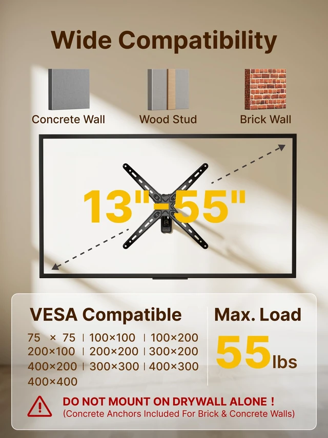 Alt view image 2 of 7 - Full Motion TV Wall Mount for 13-55 Inch TVs up to 55 lb ±90° Swivel, Landscape/Portrait Rotation and 14.4 in Extension; 4X Load Tested, VESA 75x75 to 400x400 mm, Single-Stud Mount