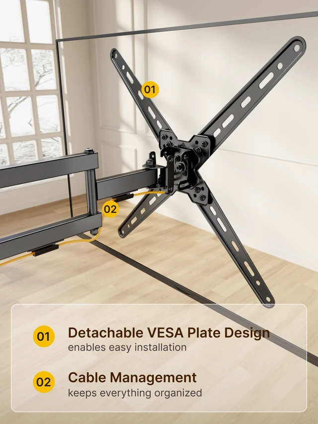 Alt view image 4 of 7 - Full Motion TV Wall Mount for 13-55 Inch TVs up to 55 lb ±90° Swivel, Landscape/Portrait Rotation and 14.4 in Extension; 4X Load Tested, VESA 75x75 to 400x400 mm, Single-Stud Mount