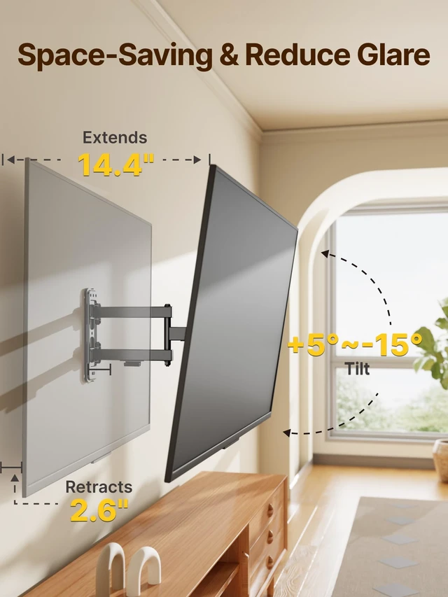 Alt view image 6 of 7 - Full Motion TV Wall Mount for 13-55 Inch TVs up to 55 lb ±90° Swivel, Landscape/Portrait Rotation and 14.4 in Extension; 4X Load Tested, VESA 75x75 to 400x400 mm, Single-Stud Mount