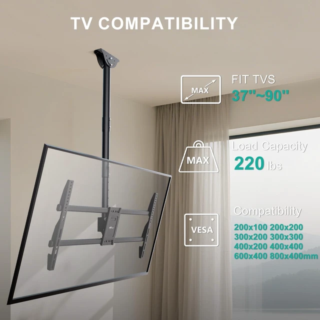 Alt view image 2 of 7 - Heavy Duty Ceiling TV Mount for 37-90 inch Large TVs, up to 220 lbs Hanging Pole Ceiling Mount TV Bracket Up Down, Full Motion with Height Adjustment, Tilt, Swivel, Max VESA 800x400mm (CM3790)