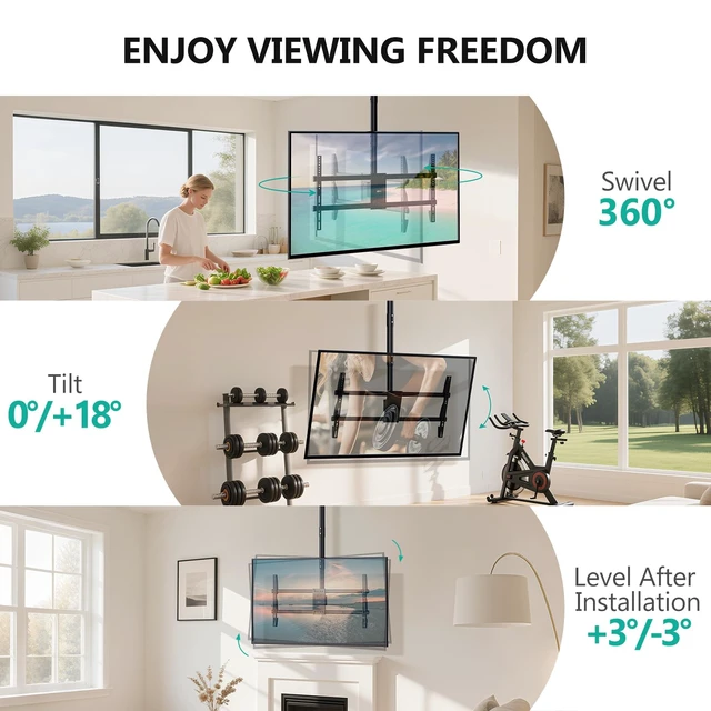 Alt view image 4 of 7 - Heavy Duty Ceiling TV Mount for 37-90 inch Large TVs, up to 220 lbs Hanging Pole Ceiling Mount TV Bracket Up Down, Full Motion with Height Adjustment, Tilt, Swivel, Max VESA 800x400mm (CM3790)