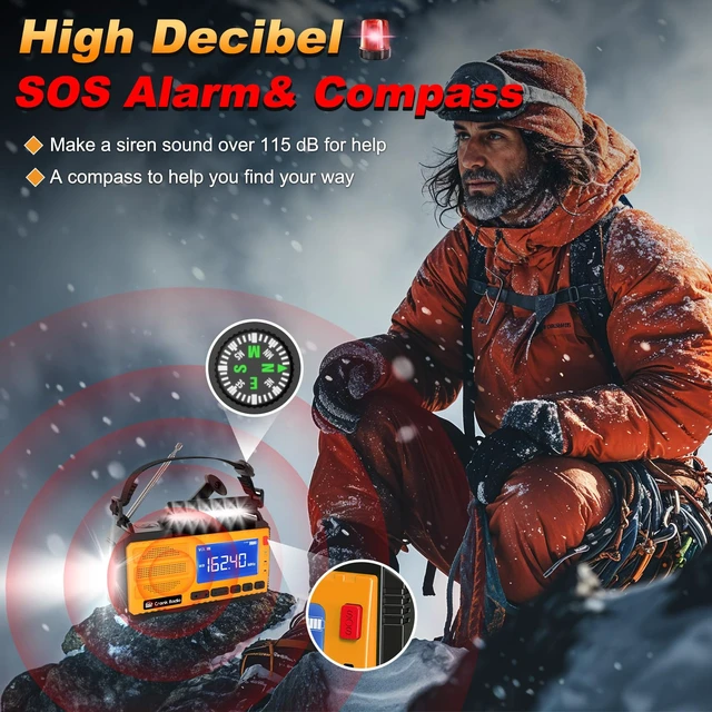 Alt view image 5 of 7 - Emergency Crank Radio Solar Hand Crank Emergency Radio 37000mWh (10000mAh) AM/FM NOAA Weather Radio with LCD Display 3 Mode Flashlight SOS Alarm Compass Headphone Jack for Winter Storm Emergency