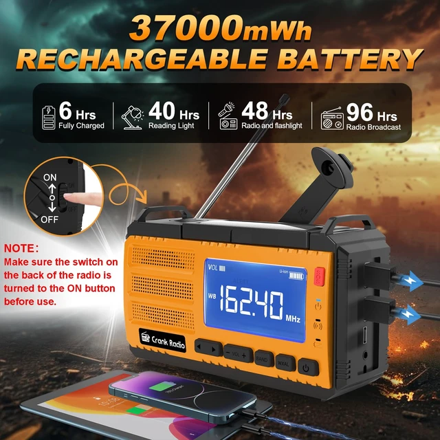 Alt view image 4 of 7 - Emergency Crank Radio Solar Hand Crank Emergency Radio 37000mWh (10000mAh) AM/FM NOAA Weather Radio with LCD Display 3 Mode Flashlight SOS Alarm Compass Headphone Jack for Winter Storm Emergency