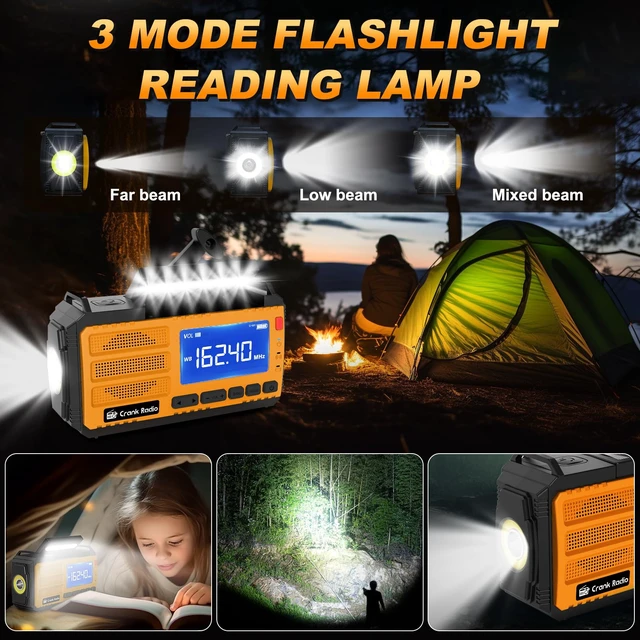 Alt view image 6 of 7 - Emergency Crank Radio Solar Hand Crank Emergency Radio 37000mWh (10000mAh) AM/FM NOAA Weather Radio with LCD Display 3 Mode Flashlight SOS Alarm Compass Headphone Jack for Winter Storm Emergency
