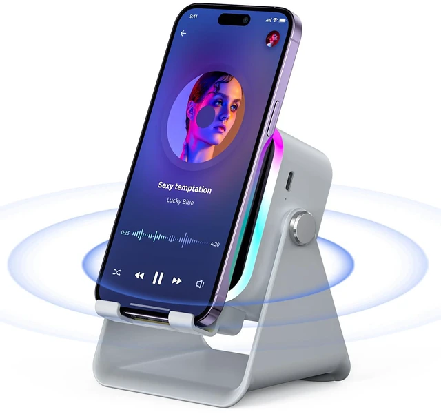 Main image of Induction Speaker with Phone Stand 5 in 1 Wireless Bluetooth Audio Gray Phone Speaker Amplifier for iPhone & Android with RGB Light and USB Wired Charging, Birthday Gift for Men Women Teens
