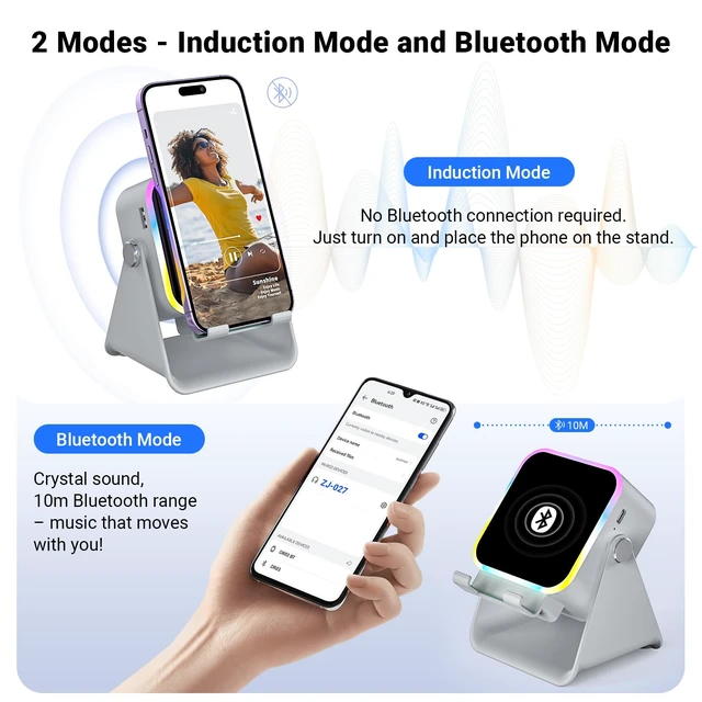 Alt view image 3 of 7 - Induction Speaker with Phone Stand 5 in 1 Wireless Bluetooth Audio Gray Phone Speaker Amplifier for iPhone & Android with RGB Light and USB Wired Charging, Birthday Gift for Men Women Teens