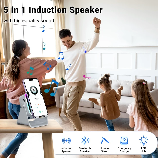 Alt view image 2 of 7 - Induction Speaker with Phone Stand 5 in 1 Wireless Bluetooth Audio Gray Phone Speaker Amplifier for iPhone & Android with RGB Light and USB Wired Charging, Birthday Gift for Men Women Teens