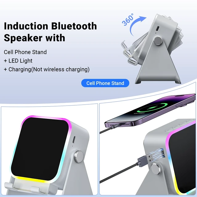 Alt view image 5 of 7 - Induction Speaker with Phone Stand 5 in 1 Wireless Bluetooth Audio Gray Phone Speaker Amplifier for iPhone & Android with RGB Light and USB Wired Charging, Birthday Gift for Men Women Teens