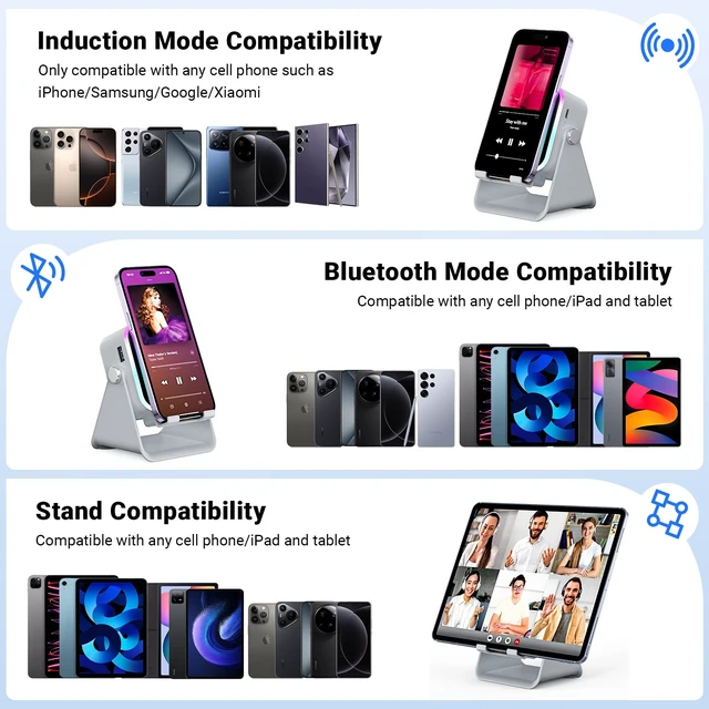 Alt view image 6 of 7 - Induction Speaker with Phone Stand 5 in 1 Wireless Bluetooth Audio Gray Phone Speaker Amplifier for iPhone & Android with RGB Light and USB Wired Charging, Birthday Gift for Men Women Teens