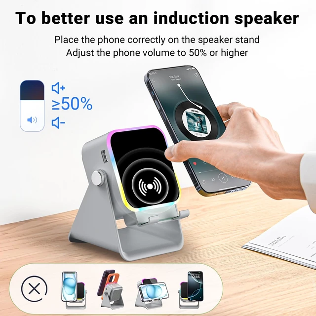 Alt view image 7 of 7 - Induction Speaker with Phone Stand 5 in 1 Wireless Bluetooth Audio Gray Phone Speaker Amplifier for iPhone & Android with RGB Light and USB Wired Charging, Birthday Gift for Men Women Teens