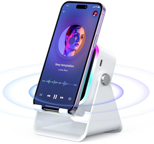Main image of Induction Speaker with Phone Stand 5 in 1 Wireless Bluetooth Audio White Phone Speaker Amplifier for iPhone & Android with RGB Light and USB Wired Charging, Birthday Gift for Men Women Teens