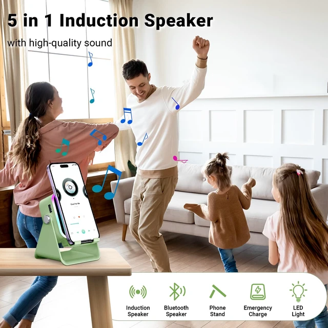 Alt view image 2 of 7 - Induction Speaker with Phone Stand 5 in 1 Wireless Bluetooth Audio Green Phone Speaker Amplifier for iPhone & Android with RGB Light and USB Wired Charging, Birthday Gift for Men Women Teens