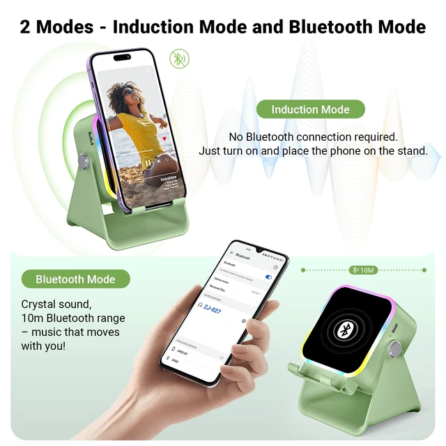 Alt view image 3 of 7 - Induction Speaker with Phone Stand 5 in 1 Wireless Bluetooth Audio Green Phone Speaker Amplifier for iPhone & Android with RGB Light and USB Wired Charging, Birthday Gift for Men Women Teens