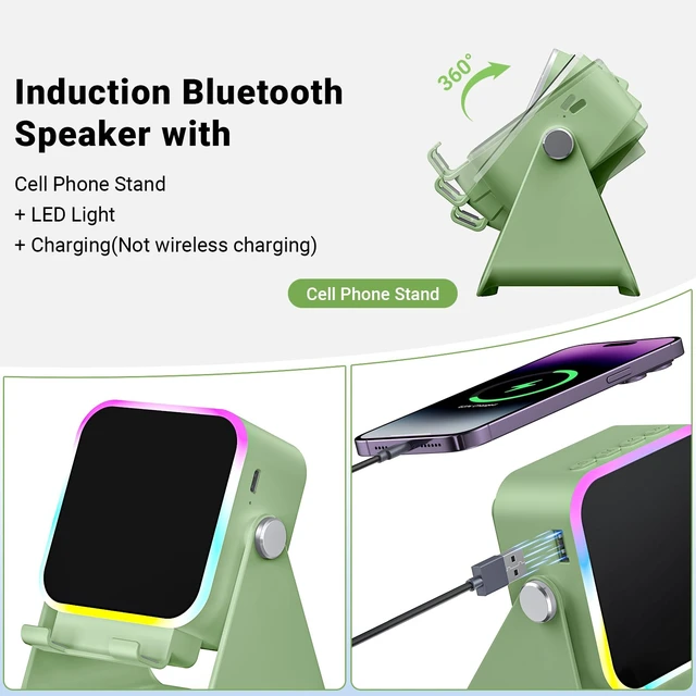 Alt view image 5 of 7 - Induction Speaker with Phone Stand 5 in 1 Wireless Bluetooth Audio Green Phone Speaker Amplifier for iPhone & Android with RGB Light and USB Wired Charging, Birthday Gift for Men Women Teens