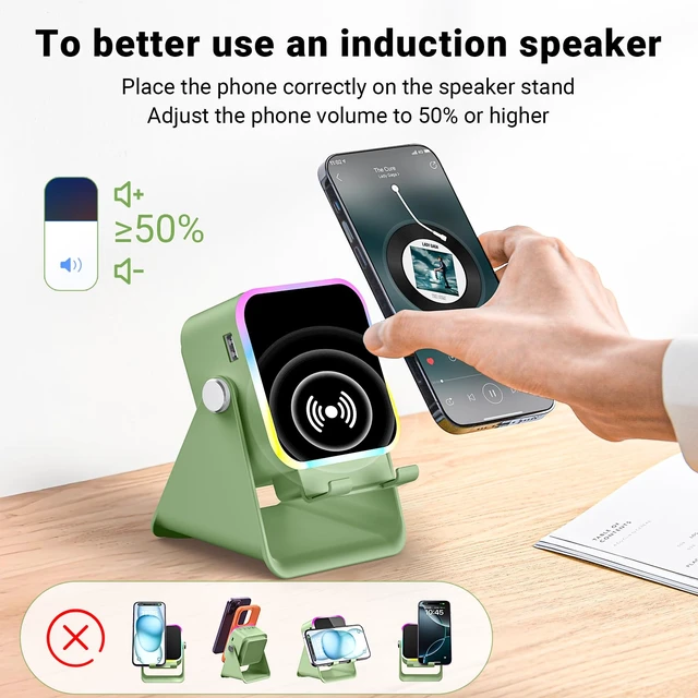 Alt view image 6 of 7 - Induction Speaker with Phone Stand 5 in 1 Wireless Bluetooth Audio Green Phone Speaker Amplifier for iPhone & Android with RGB Light and USB Wired Charging, Birthday Gift for Men Women Teens