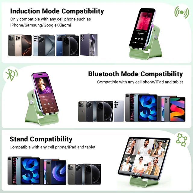 Alt view image 7 of 7 - Induction Speaker with Phone Stand 5 in 1 Wireless Bluetooth Audio Green Phone Speaker Amplifier for iPhone & Android with RGB Light and USB Wired Charging, Birthday Gift for Men Women Teens