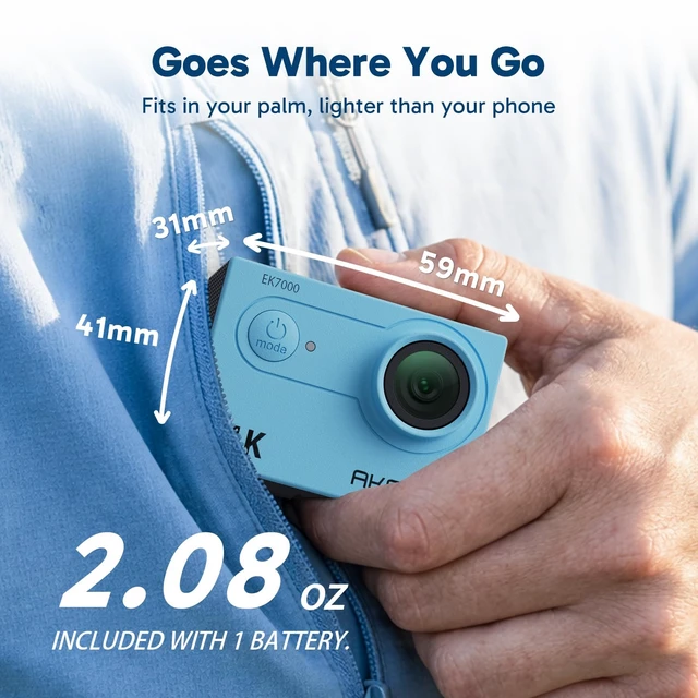 Alt view image 7 of 7 - EK7000 4K30FPS 20MP WiFi Action Camera with EIS Ultra HD 131FT Waterproof Underwater Camera Remote Control 4X Zoom Support External Microphone Blue