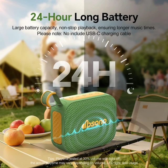 Alt view image 4 of 7 - Portable Bluetooth Speaker Line-in Support: IPX5 Waterproof, Dark Green Up to 24H Playtime, HD Sound, TWS Pairing, LED Light, Outdoor Speaker for Beach, Pool, Travel, School Supplies for Adult Teen