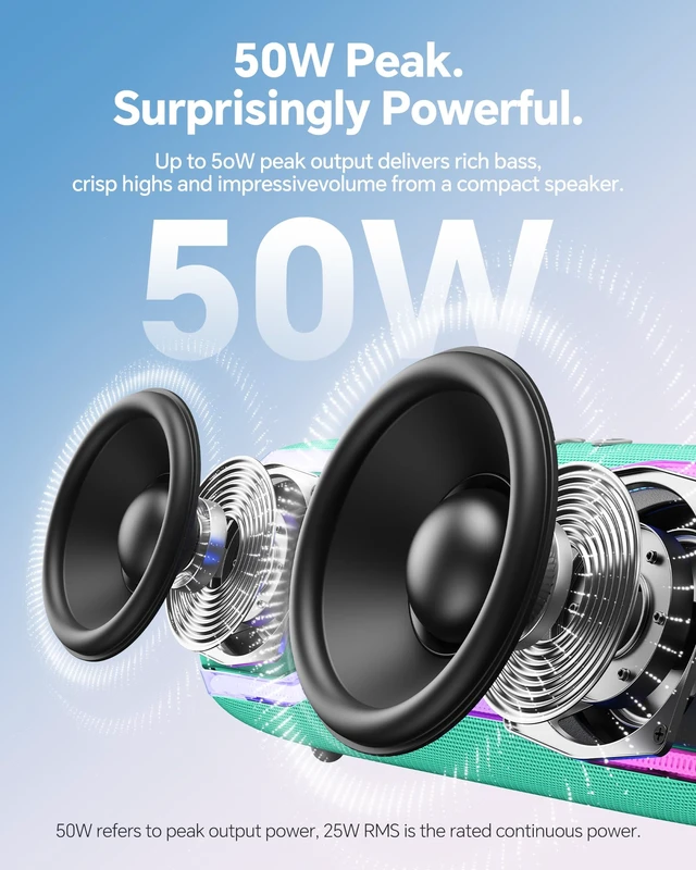 Alt view image 2 of 7 - Bluetooth Speaker, IPX7 Waterproof, 50W Peak, 24H Playtime, Grass Green Flashing lights, TWS pairing, deep bass, ideal for beach trips, outdoor parties, birthdays, graduations, and everyday use