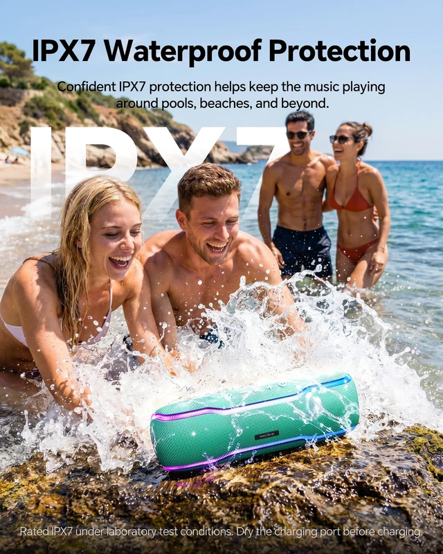 Alt view image 3 of 7 - Bluetooth Speaker, IPX7 Waterproof, 50W Peak, 24H Playtime, Grass Green Flashing lights, TWS pairing, deep bass, ideal for beach trips, outdoor parties, birthdays, graduations, and everyday use